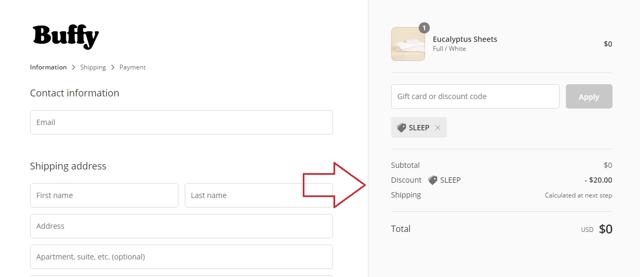 Buffy checkout page showing Buffy discount code box | Screenshot taken by SimplyCodes community member on Jan 24, 2021