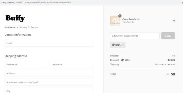 Buffy checkout page showing Buffy discount code box | Screenshot taken by SimplyCodes community member on Jan 23, 2021