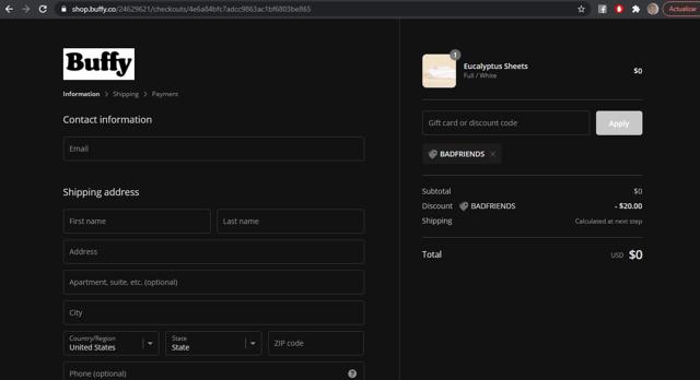 Buffy checkout page showing Buffy discount code box | Screenshot taken by SimplyCodes community member on Jan 31, 2021