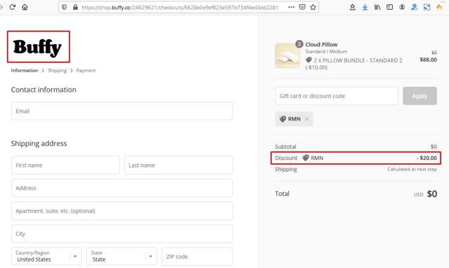 Buffy checkout page showing Buffy discount code box | Screenshot taken by SimplyCodes community member on Jan 24, 2021