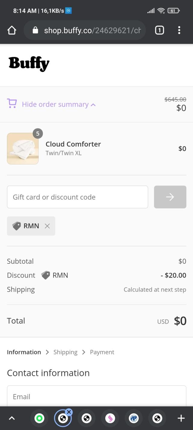 Buffy checkout page showing Buffy discount code box | Screenshot taken by SimplyCodes community member on Jan 24, 2021