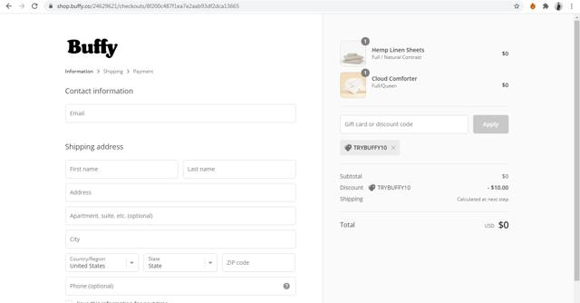 Buffy checkout page showing Buffy discount code box | Screenshot taken by SimplyCodes community member on Feb 1, 2021