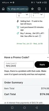 Buffalo Sabres Shop coupon verification screenshot