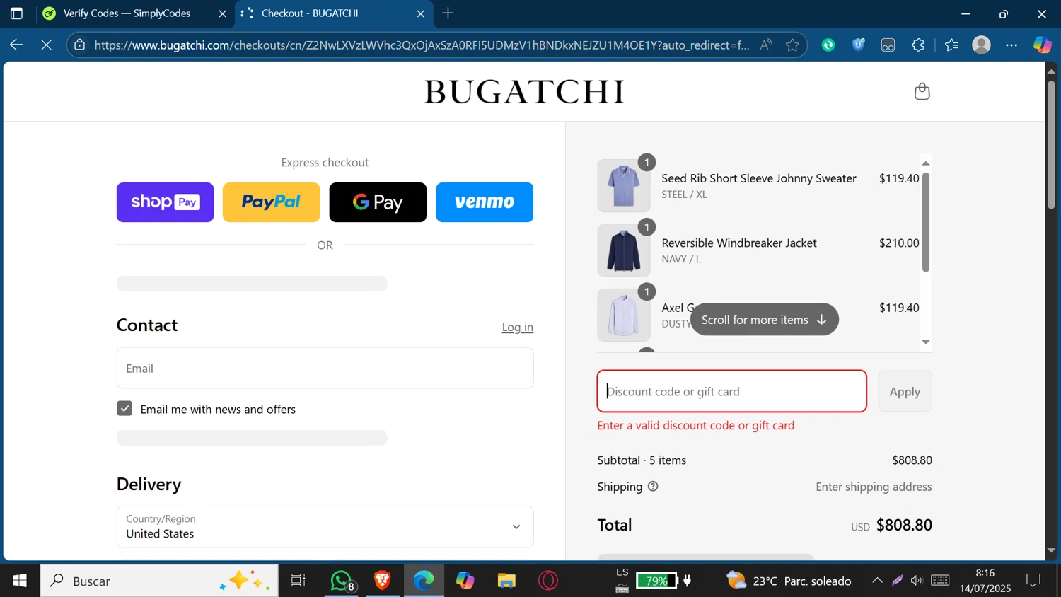 Bugatchi promo code screenshot showing code EXTRA10 applied at Bugatchi checkout page. Uploaded by SimplyCodes community member Jeffersontorrealba on Jul 14, 2025