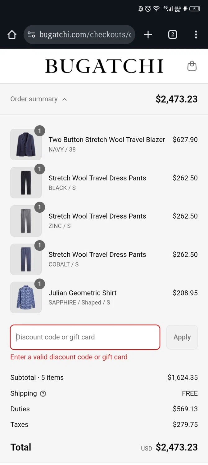 Bugatchi promo code screenshot showing code EXTRA10 applied at Bugatchi checkout page. Uploaded by SimplyCodes community member Xx_Cogeburras3000_xX on Jul 14, 2025