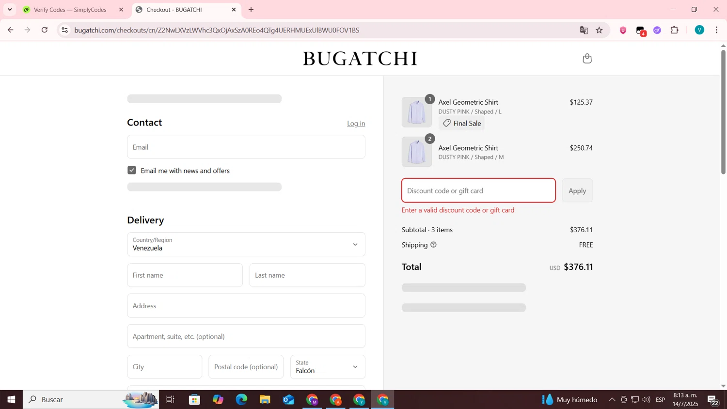Bugatchi promo code screenshot showing code EXTRA10 applied at Bugatchi checkout page. Uploaded by SimplyCodes community member lyffytaro on Jul 14, 2025