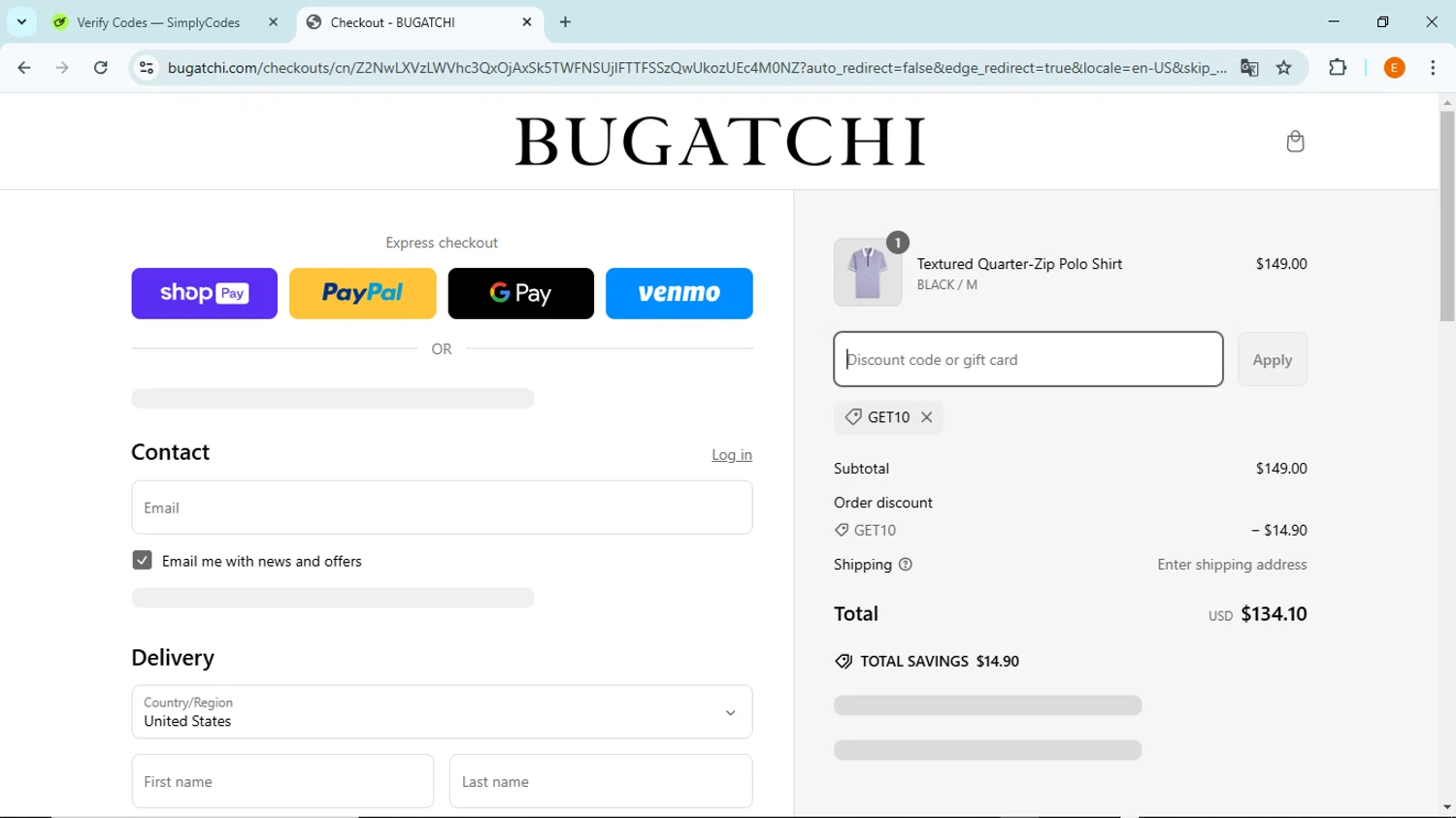 Bugatchi promo code screenshot showing code GET10 applied at Bugatchi checkout page. Uploaded by SimplyCodes community member BudgetFox5491 on Mar 8, 2025