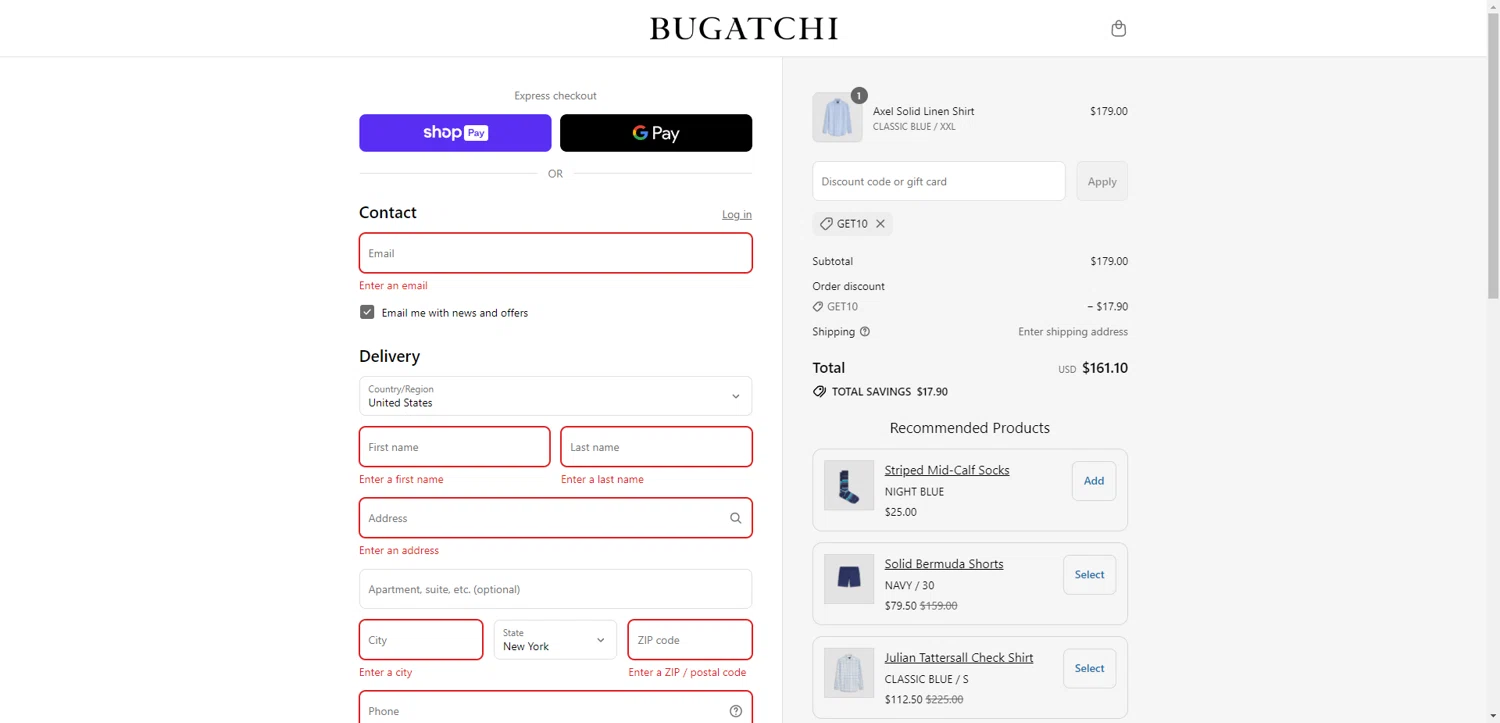 Bugatchi promo code screenshot showing code GET10 applied at Bugatchi checkout page. Uploaded by SimplyCodes community member SwiftCurator4059 on Jul 19, 2025