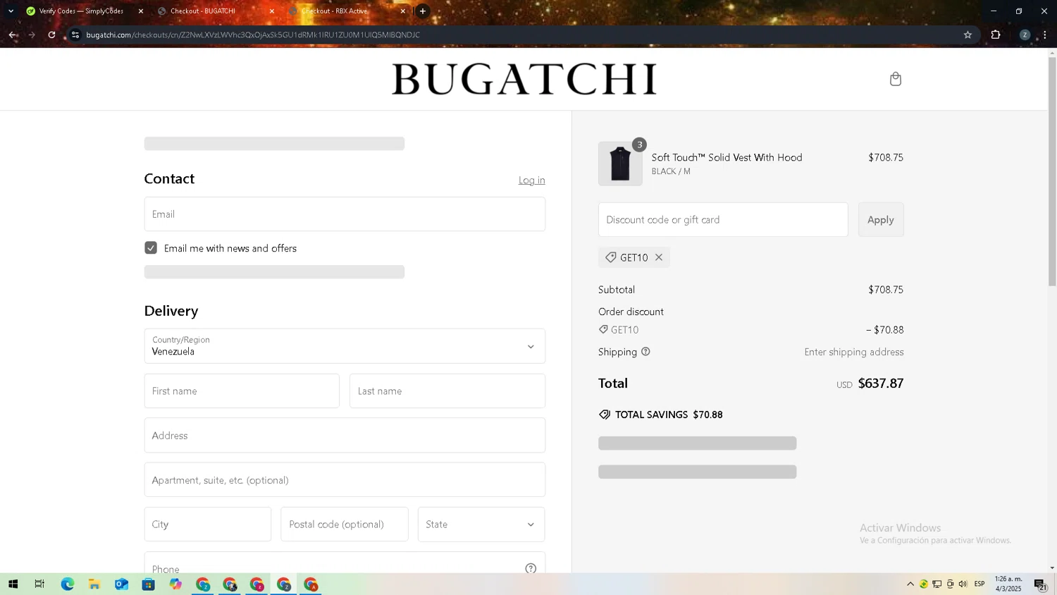 Bugatchi promo code screenshot showing code GET10 applied at Bugatchi checkout page. Uploaded by SimplyCodes community member 27zxbr on Mar 4, 2025