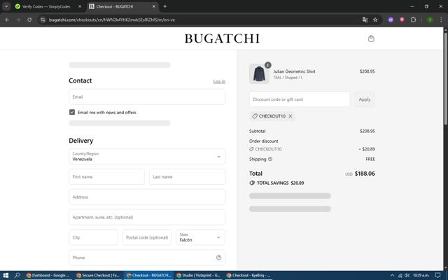 Bugatchi checkout page showing Bugatchi promo code box | Screenshot taken by SimplyCodes community member on Sep 8, 2025