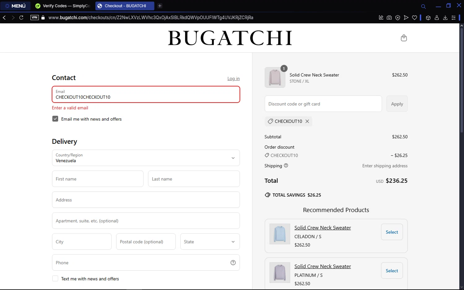 Bugatchi promo code screenshot showing code CHECKOUT10 applied at Bugatchi checkout page. Uploaded by SimplyCodes community member Matrixx on Mar 18, 2025