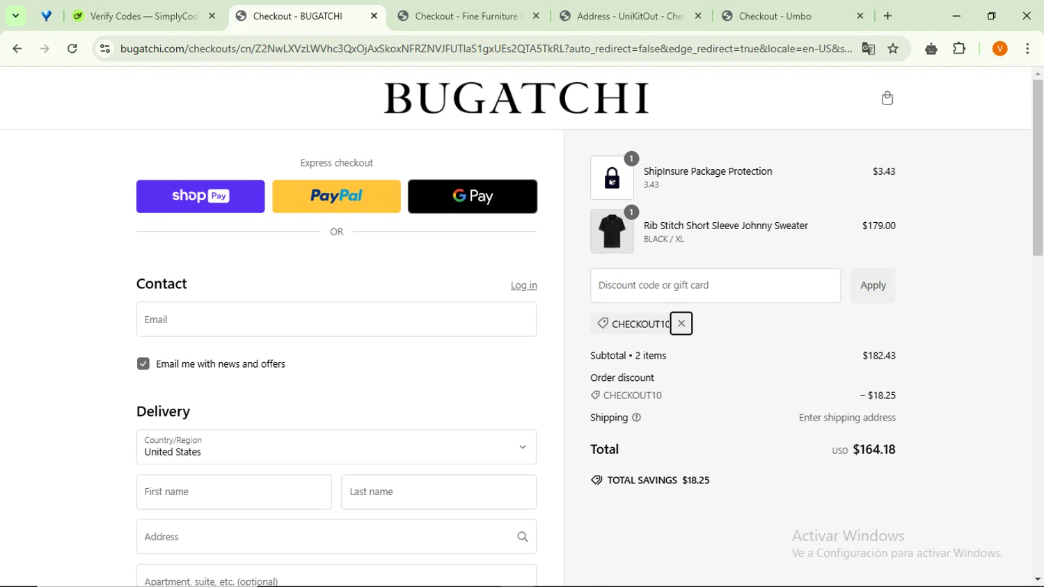 Bugatchi promo code screenshot showing code CHECKOUT10 applied at Bugatchi checkout page. Uploaded by SimplyCodes community member SavingsFinder9954 on Jan 20, 2025