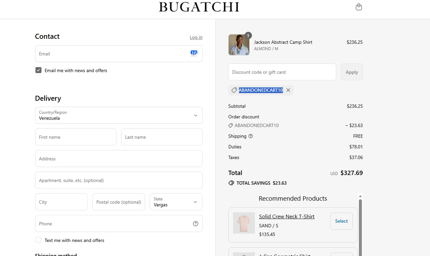 Bugatchi promo code screenshot showing code ABANDONEDCART10 applied at Bugatchi checkout page. Uploaded by SimplyCodes community member Westcoll on Jul 22, 2025