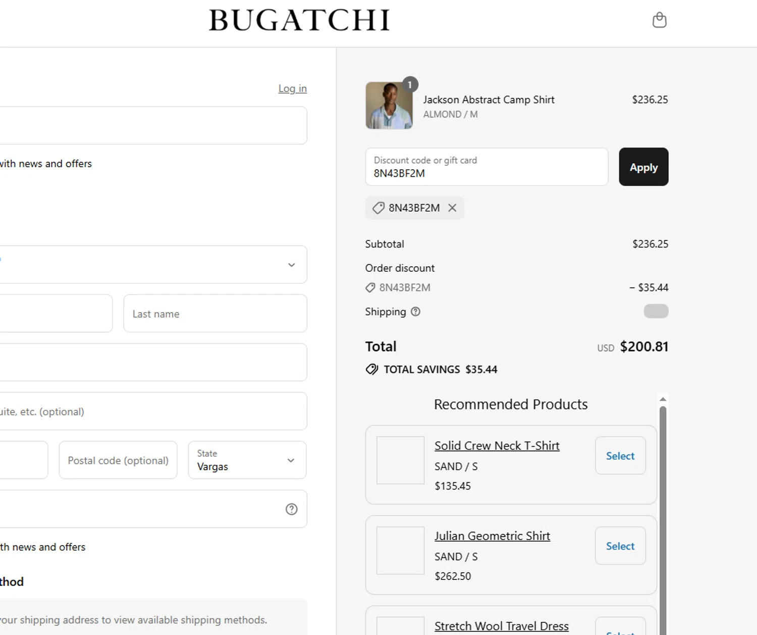 Bugatchi promo code screenshot showing code 8N43BF2M applied at Bugatchi checkout page. Uploaded by SimplyCodes community member Westcoll on Jul 17, 2025
