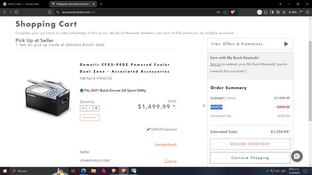 Buick checkout page showing Buick promo code box | Screenshot taken by SimplyCodes community member on Sep 13, 2024