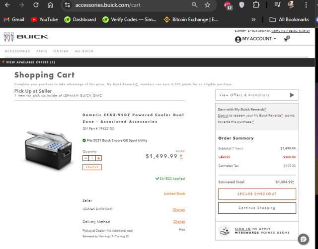 Buick checkout page showing Buick promo code box | Screenshot taken by SimplyCodes community member on Aug 15, 2024