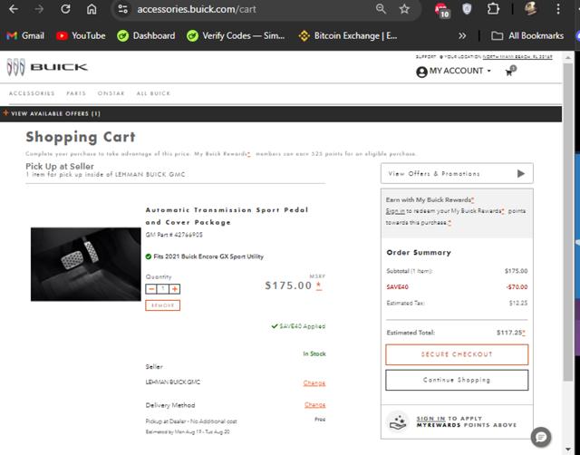Buick checkout page showing Buick promo code box | Screenshot taken by SimplyCodes community member on Aug 15, 2024