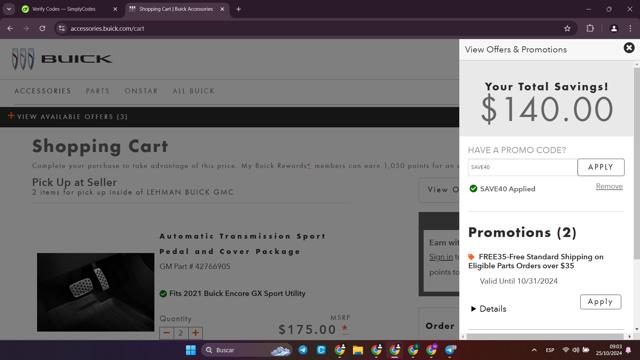 Buick checkout page showing Buick promo code box | Screenshot taken by SimplyCodes community member on Oct 25, 2024