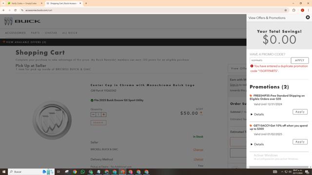 Buick checkout page showing Buick promo code box | Screenshot taken by SimplyCodes community member on Nov 22, 2024
