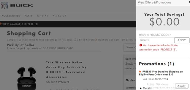 Buick checkout page showing Buick promo code box | Screenshot taken by SimplyCodes community member on Oct 29, 2024