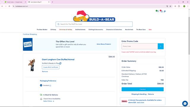 Build A Bear US checkout page showing Build A Bear US promo code box | Screenshot taken by SimplyCodes community member on Dec 21, 2024