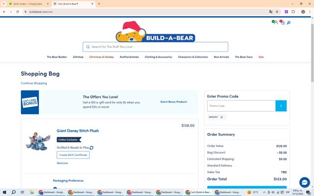 Build A Bear US checkout page showing Build A Bear US promo code box | Screenshot taken by SimplyCodes community member on Dec 15, 2024