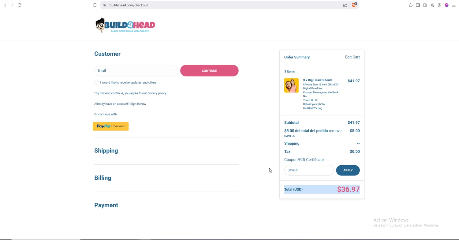 Build-A-Head coupon code screenshot showing code Save-5 applied at Build-A-Head checkout page. Uploaded by SimplyCodes community member Raiiii18 on Feb 9, 2025
