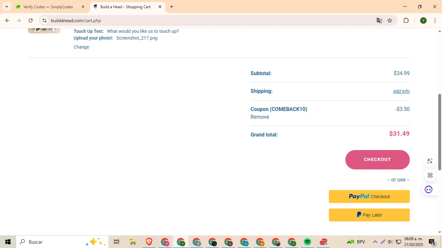Build-A-Head coupon code screenshot showing code COMEBACK10 applied at Build-A-Head checkout page. Uploaded by SimplyCodes community member ylleneromero on Mar 21, 2025