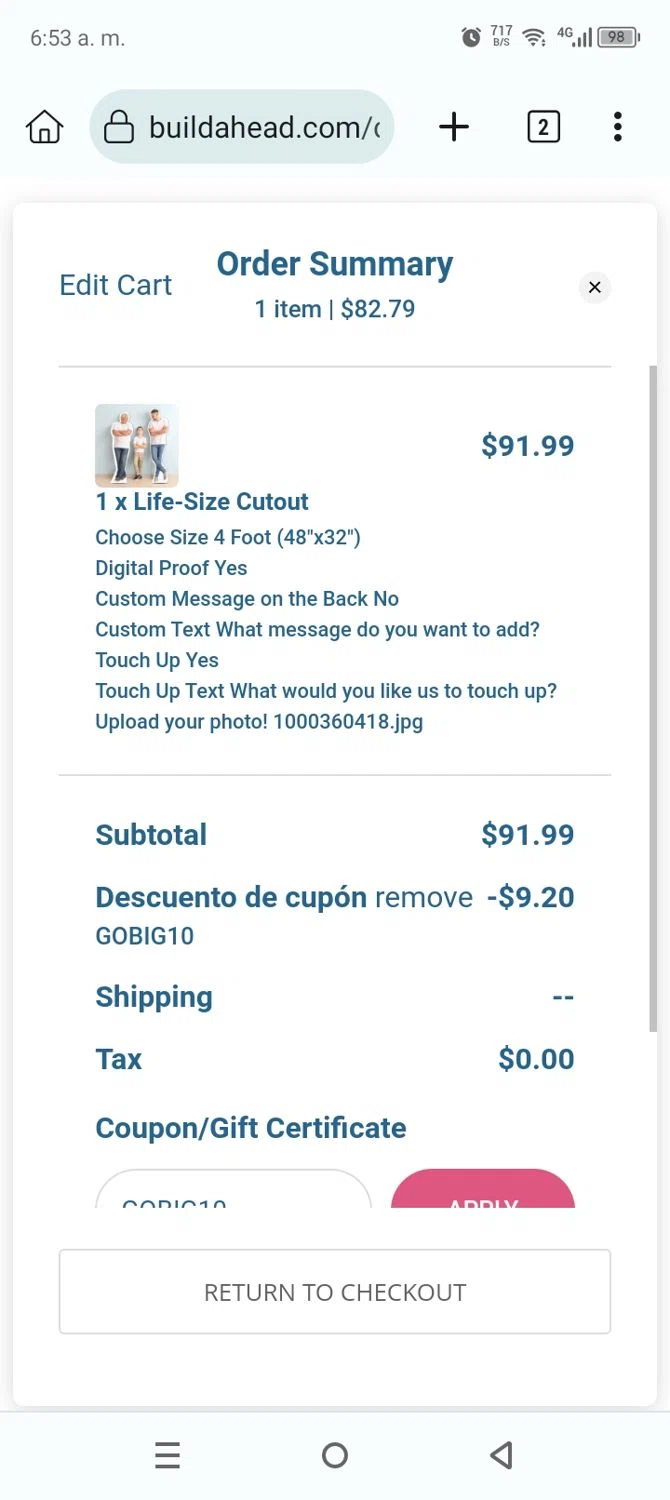 Build-A-Head checkout page showing Build-A-Head coupon code box | Screenshot taken by SimplyCodes community member on Dec 26, 2024