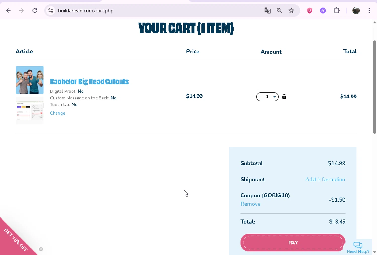 Build-A-Head coupon code screenshot showing code GOBIG10 applied at Build-A-Head checkout page. Uploaded by SimplyCodes community member JASTIFY on Jul 14, 2025