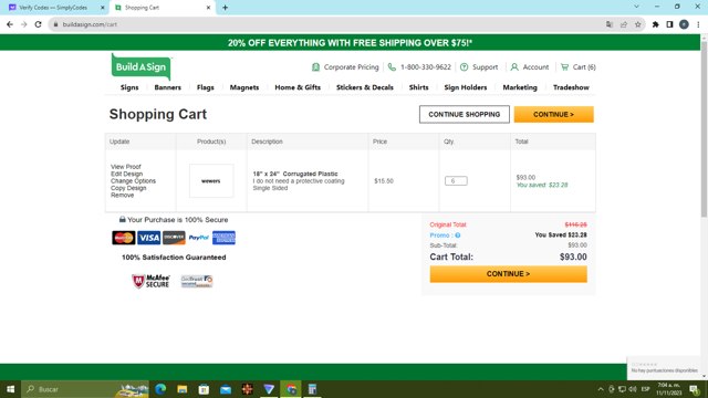 BuildASign checkout page showing BuildASign promo code box | Screenshot taken by SimplyCodes community member on Nov 11, 2023