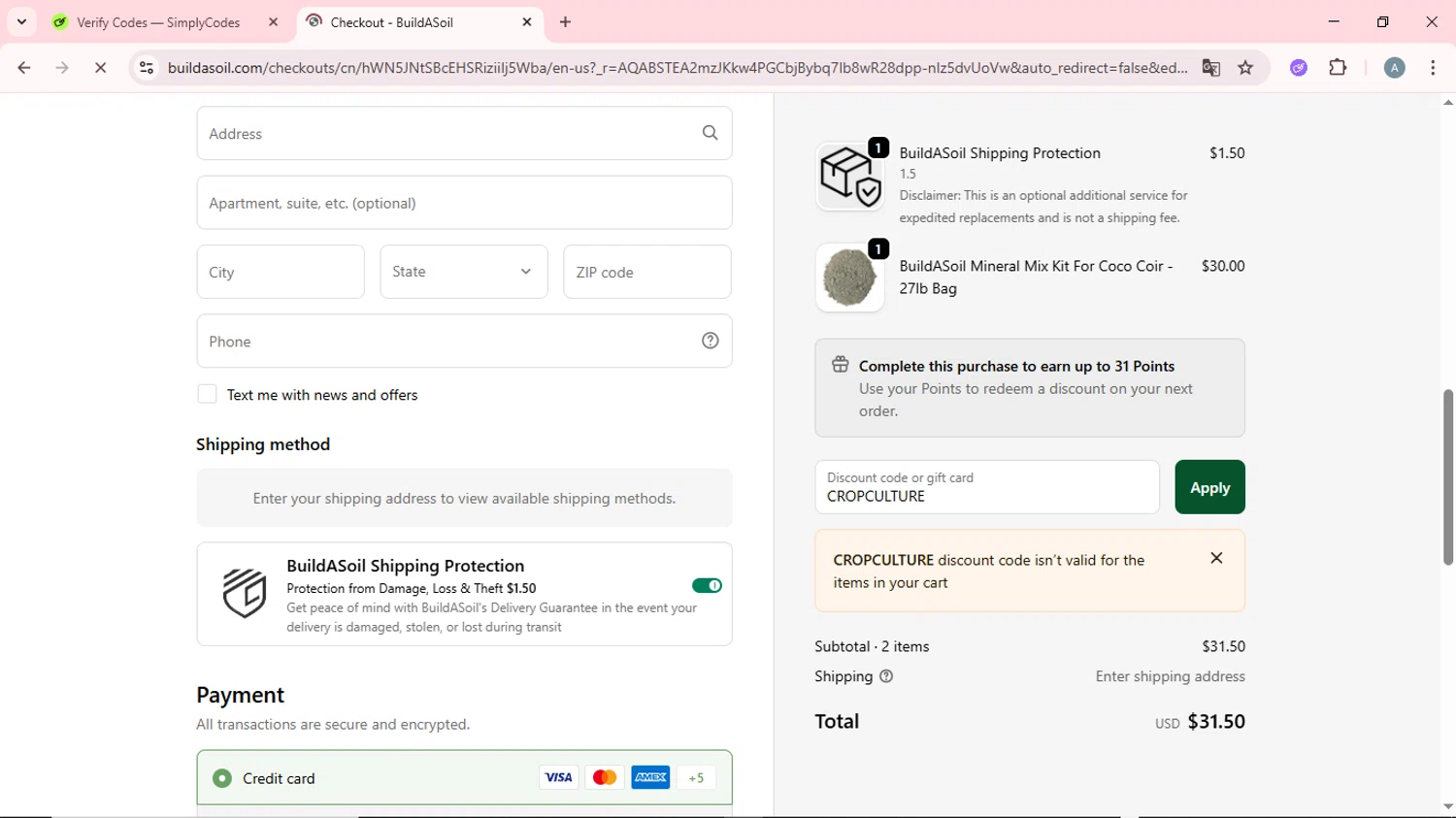 Build A Soil discount code screenshot showing code CROPCULTURE applied at Build A Soil checkout page. Uploaded by SimplyCodes community member CrownSpotter6947 on Nov 15, 2025