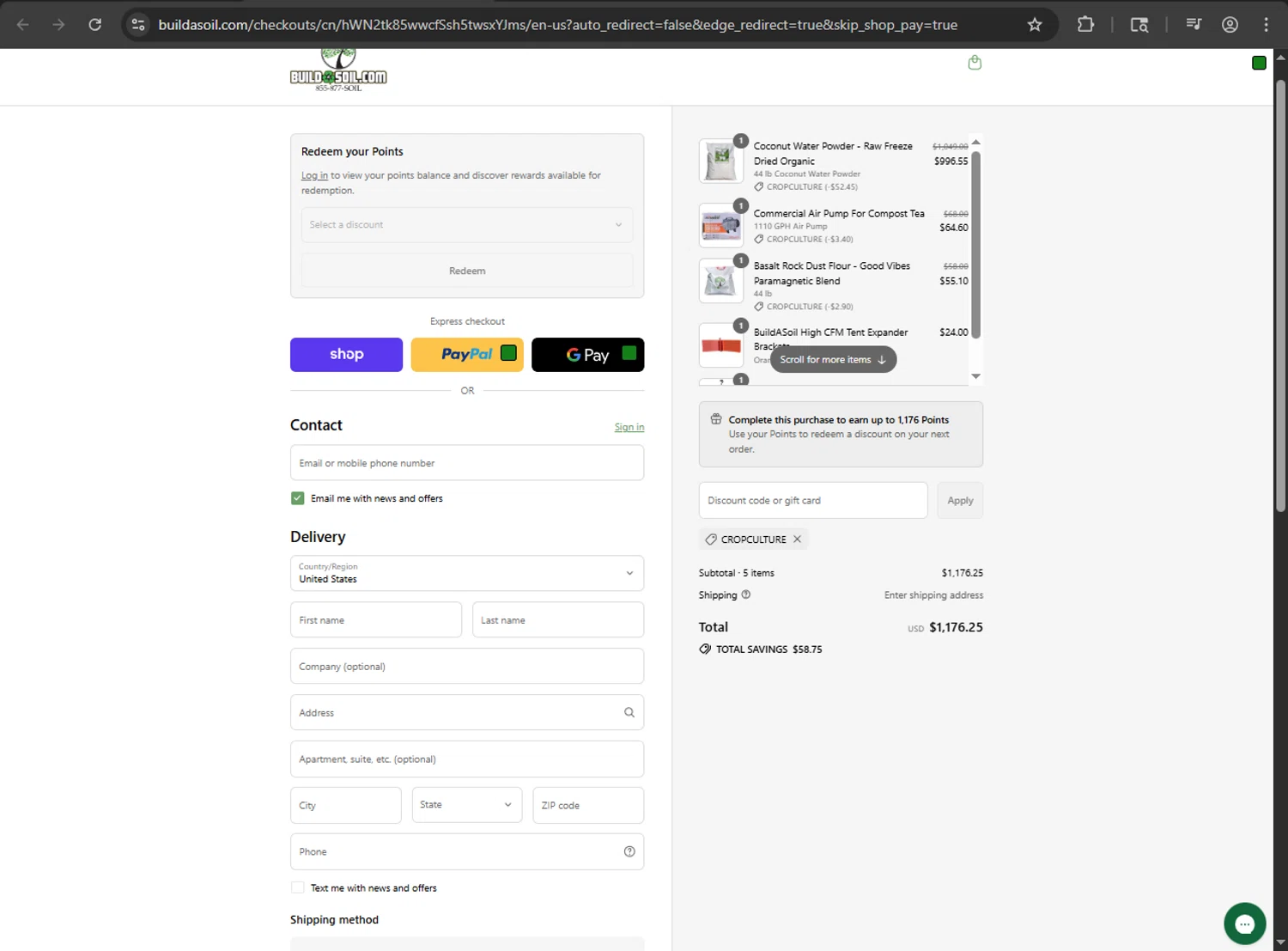Build A Soil discount code screenshot showing code CROPCULTURE applied at Build A Soil checkout page. Uploaded by SimplyCodes community member ShrewdDefender8496 on Sep 12, 2025