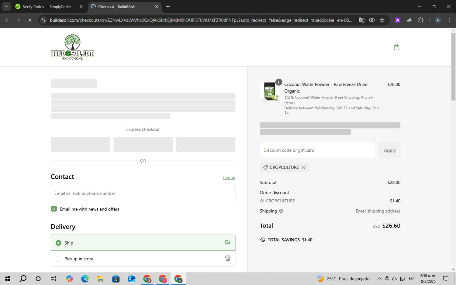 Build A Soil discount code screenshot showing code CROPCULTURE applied at Build A Soil checkout page. Uploaded by SimplyCodes community member ScanSpotter8851 on Feb 8, 2025