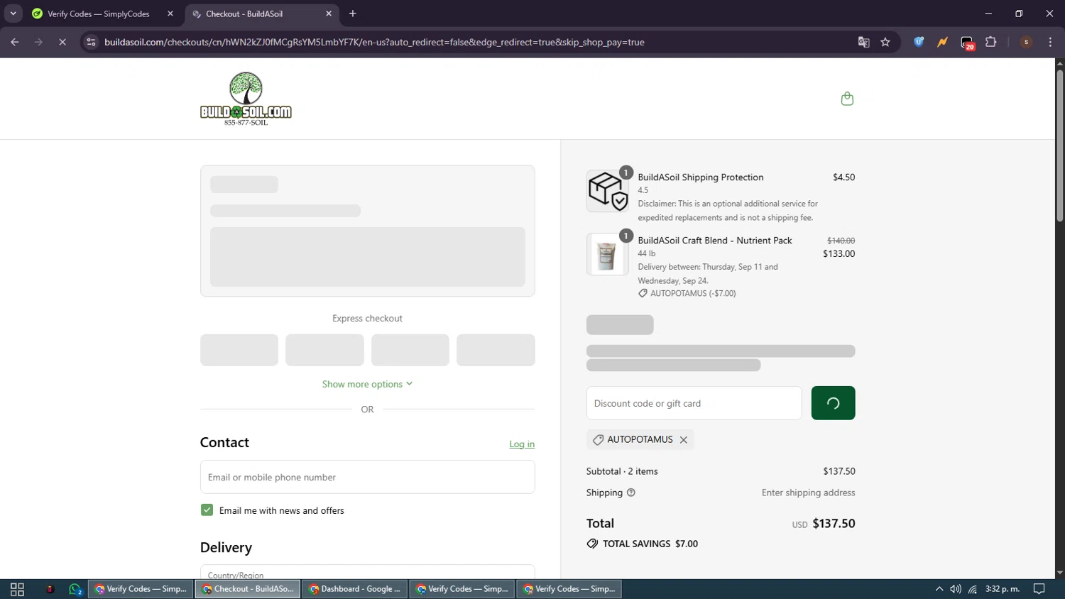 Build A Soil discount code screenshot showing code autopotamus applied at Build A Soil checkout page. Uploaded by SimplyCodes community member GoldSentinel1426 on Sep 8, 2025