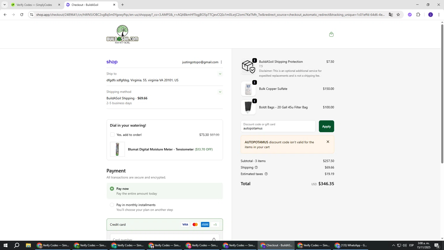Build A Soil discount code screenshot showing code autopotamus applied at Build A Soil checkout page. Uploaded by SimplyCodes community member simplycodesssss on Nov 15, 2025