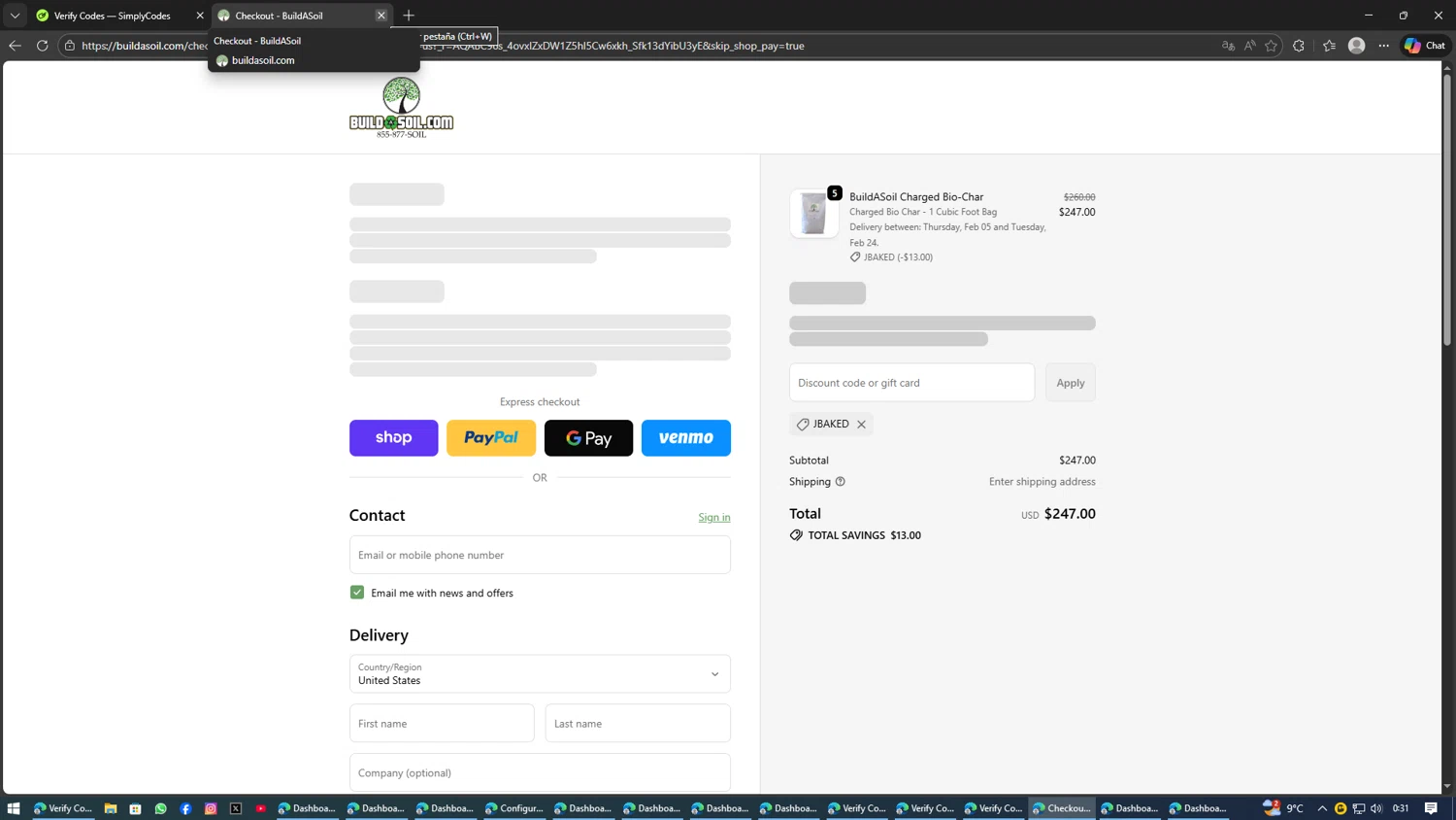 Build A Soil discount code screenshot showing code Jbaked applied at Build A Soil checkout page. Uploaded by SimplyCodes community member SAKURA on Feb 1, 2026