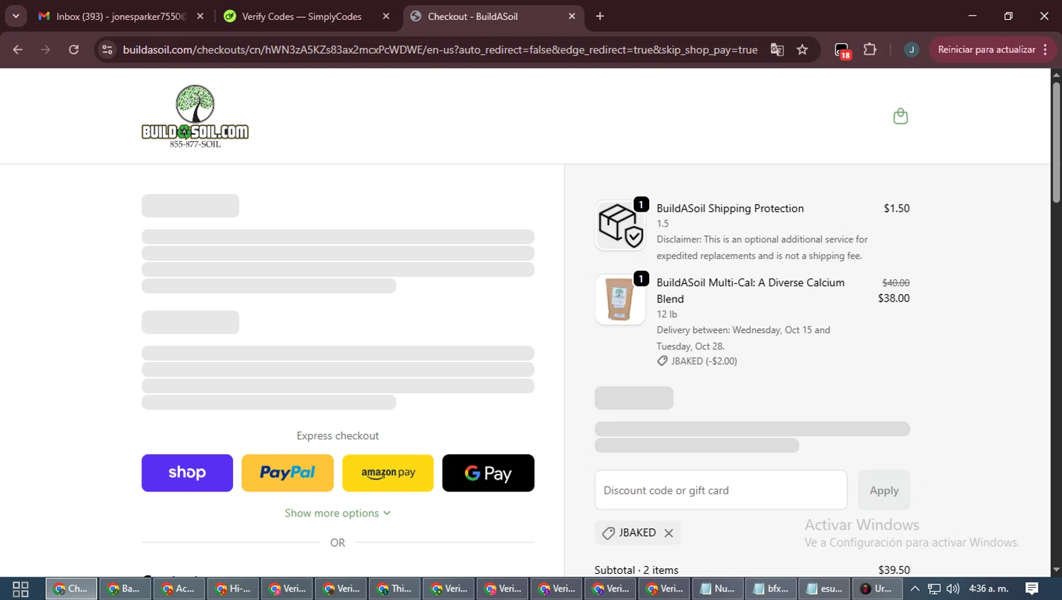 Build A Soil discount code screenshot showing code Jbaked applied at Build A Soil checkout page. Uploaded by SimplyCodes community member ScanLynx8928 on Oct 11, 2025