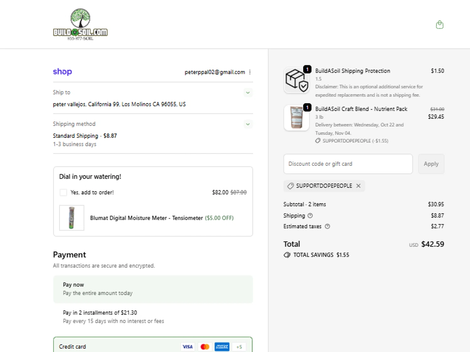 Build A Soil discount code screenshot showing code SUPPORTDOPEPEOPLE applied at Build A Soil checkout page. Uploaded by SimplyCodes community member ricardoramirez1 on Oct 17, 2025