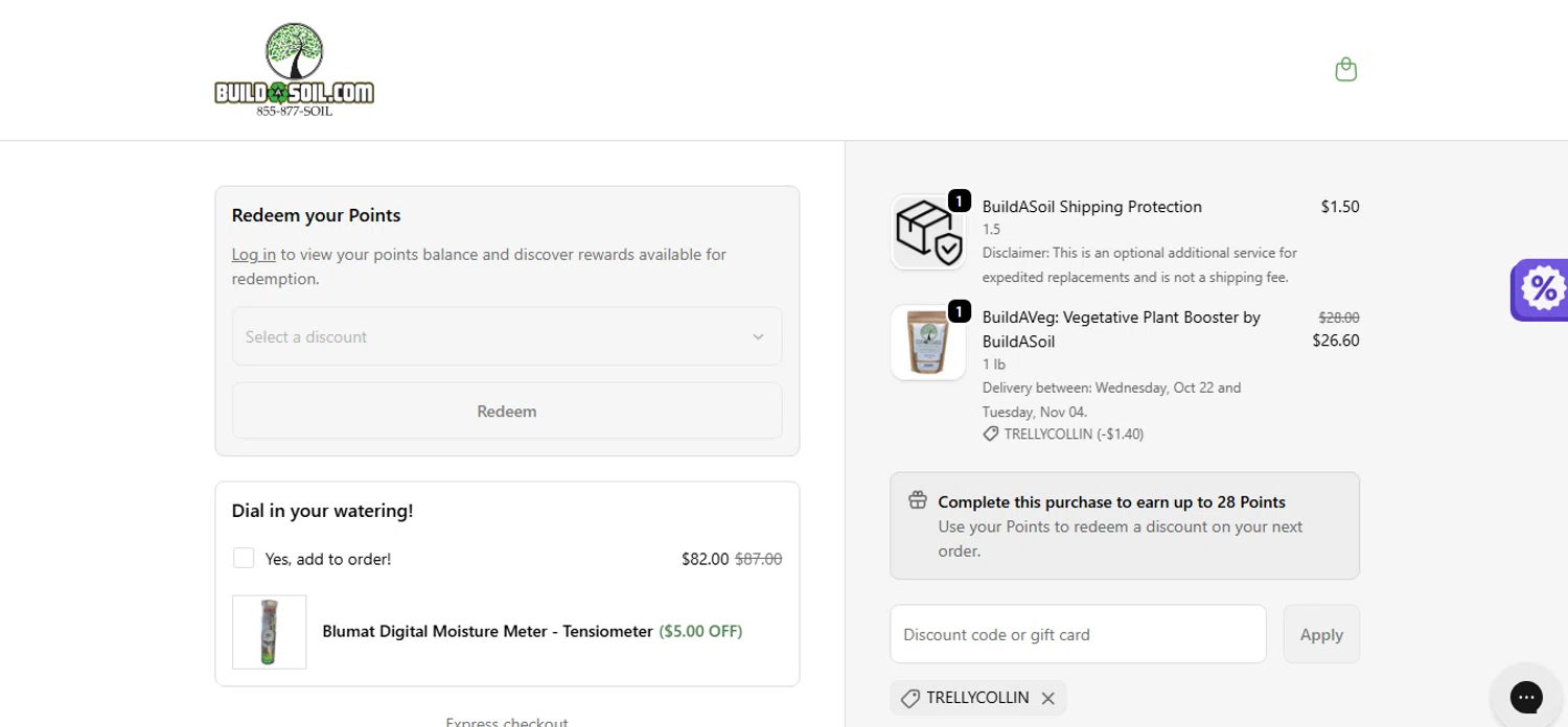 Build A Soil discount code screenshot showing code TRELLYCOLLIN applied at Build A Soil checkout page. Uploaded by SimplyCodes community member shark12 on Oct 17, 2025