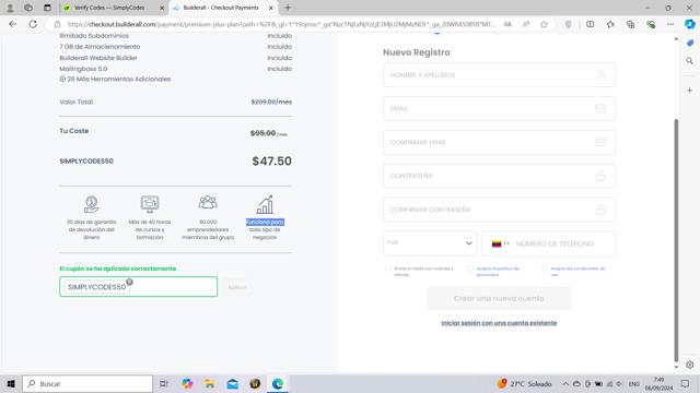 Builderall checkout page showing Builderall discount code box | Screenshot taken by SimplyCodes community member on Sep 6, 2024
