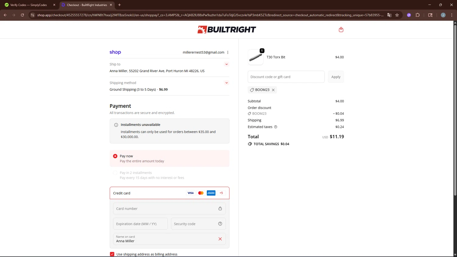 BuiltRight Industries promo code screenshot showing code BOOM23 applied at BuiltRight Industries checkout page. Uploaded by SimplyCodes community member BonusGuardian249 on Feb 17, 2026