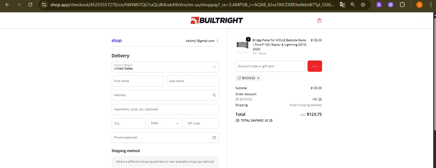 BuiltRight Industries promo code screenshot showing code BOOM23 applied at BuiltRight Industries checkout page. Uploaded by SimplyCodes community member PennyAdmiral6960 on Feb 17, 2026