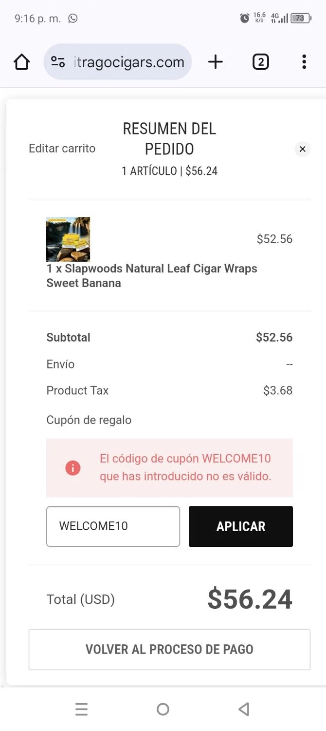 Buitrago Cigars coupon code screenshot showing code WELCOME10 applied at Buitrago Cigars checkout page. Uploaded by SimplyCodes community member BargainVirtuoso1688 on Jan 30, 2025