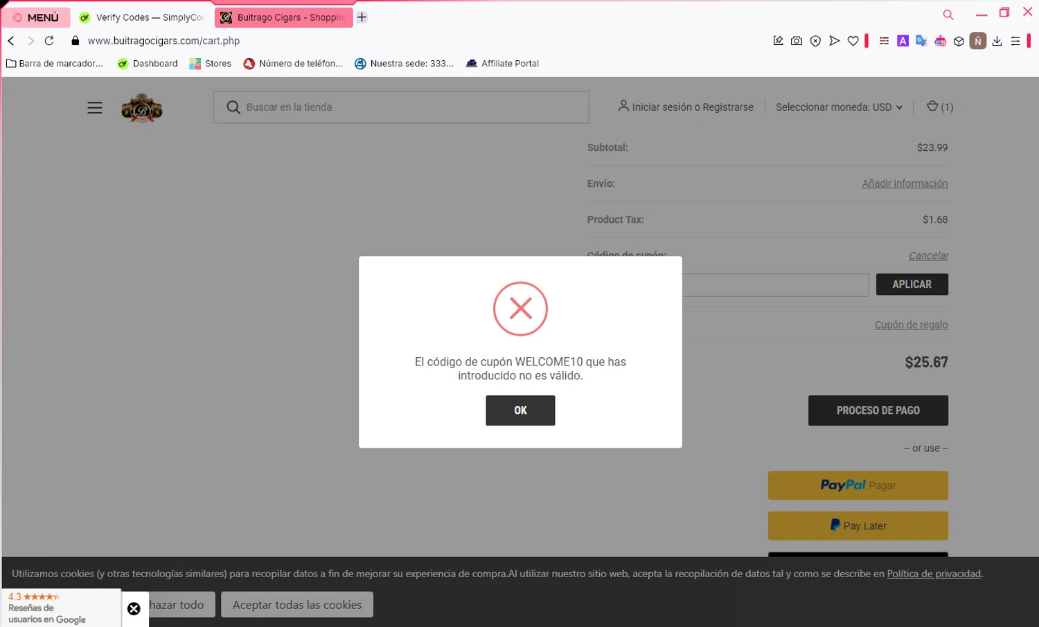 Buitrago Cigars coupon code screenshot showing code WELCOME10 applied at Buitrago Cigars checkout page. Uploaded by SimplyCodes community member PrimeShopper9739 on Jan 30, 2025