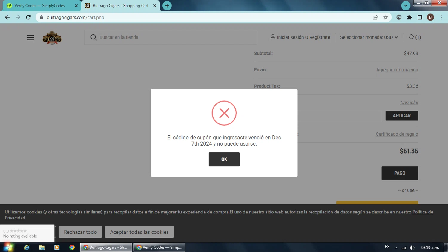 Buitrago Cigars coupon code screenshot showing code CYBER25 applied at Buitrago Cigars checkout page. Uploaded by SimplyCodes community member KHAL_DROGO on Dec 31, 2024