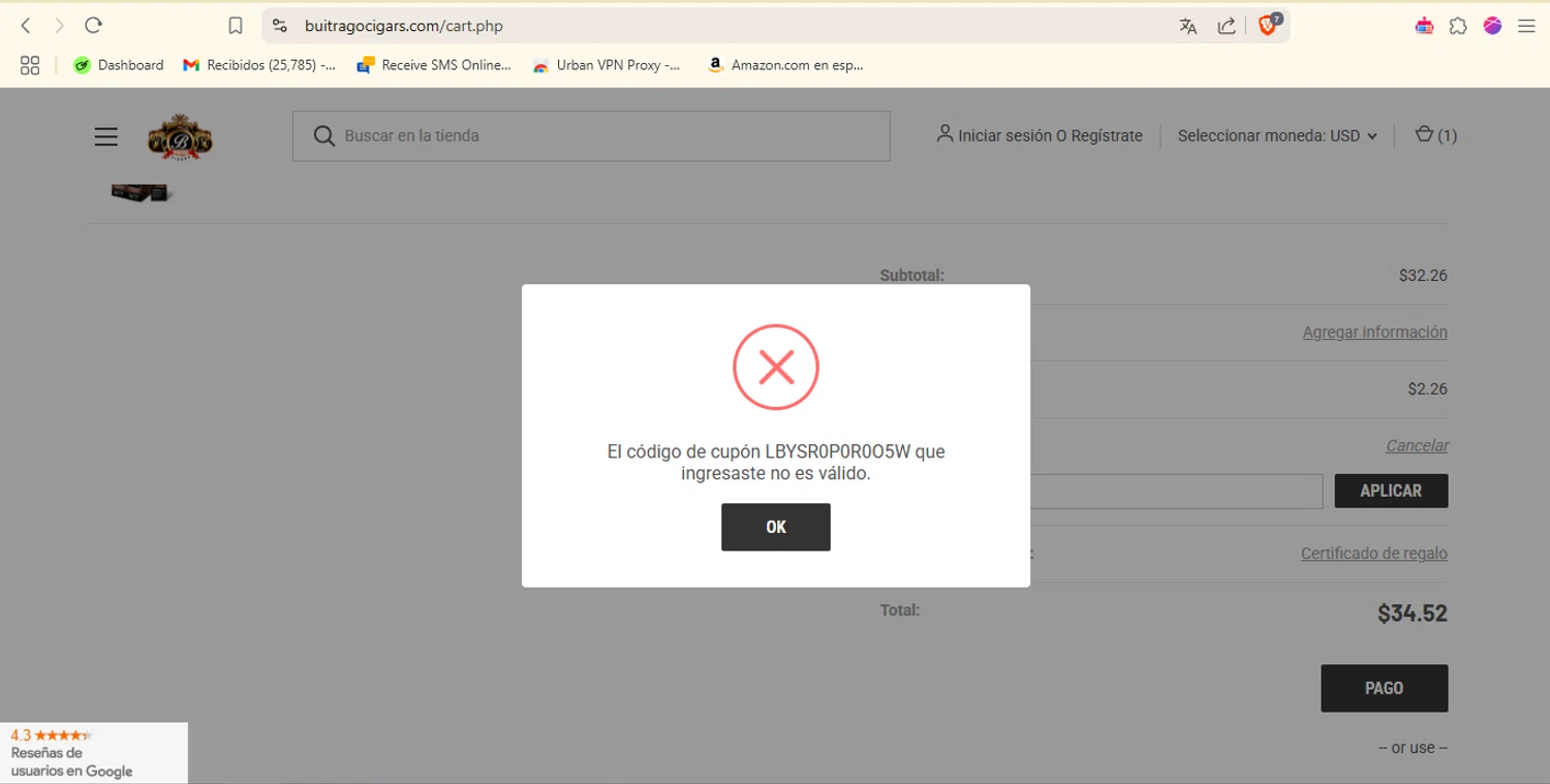 Buitrago Cigars coupon code screenshot showing code LBYSR0P0R0O5W applied at Buitrago Cigars checkout page. Uploaded by SimplyCodes community member brcbrc on Feb 27, 2025