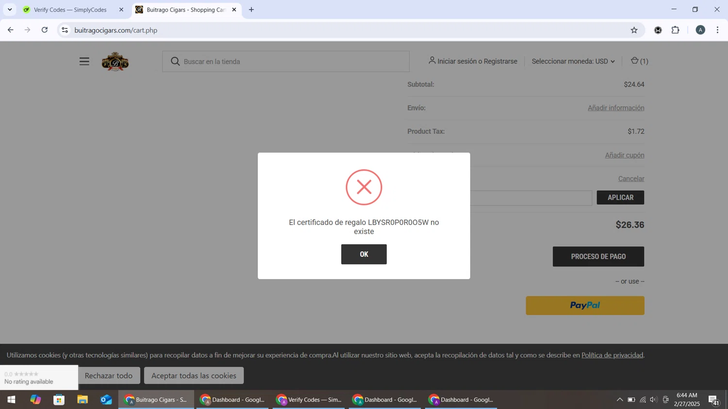 Buitrago Cigars coupon code screenshot showing code LBYSR0P0R0O5W applied at Buitrago Cigars checkout page. Uploaded by SimplyCodes community member BonusMonarch7015 on Feb 27, 2025