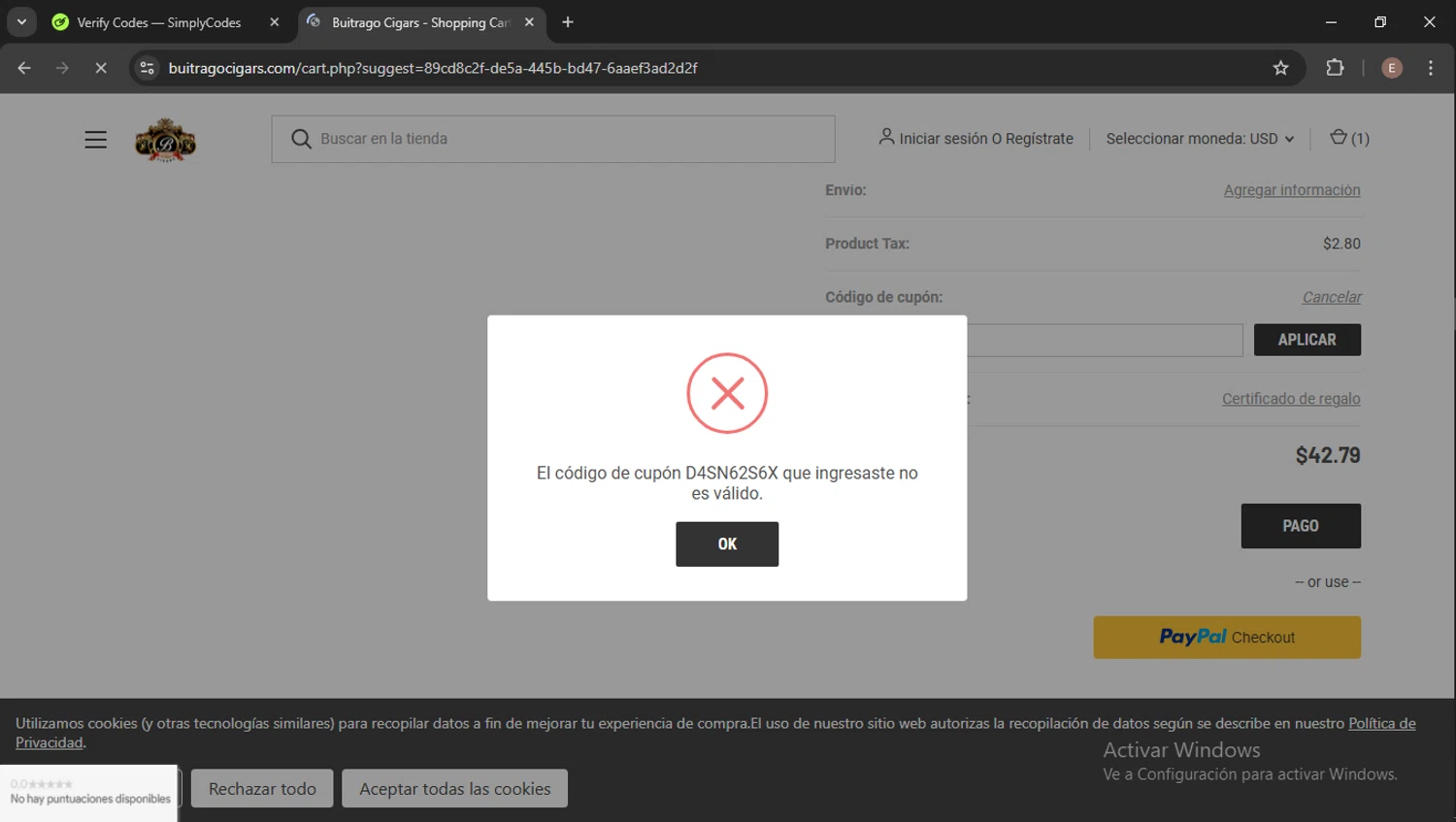 Buitrago Cigars coupon code screenshot showing code D4SN62S6X applied at Buitrago Cigars checkout page. Uploaded by SimplyCodes community member Esteban14 on Jan 6, 2025