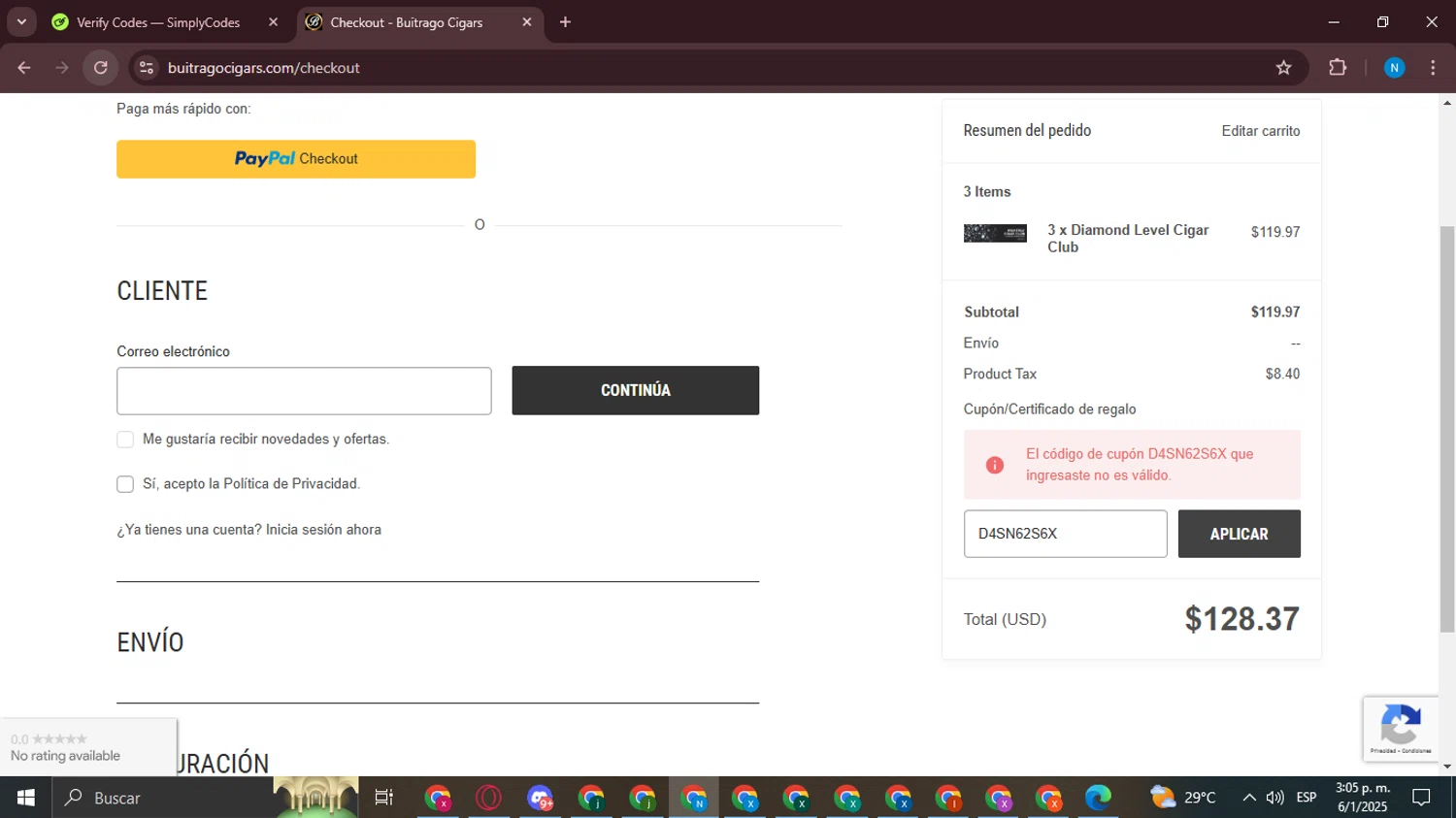 Buitrago Cigars coupon code screenshot showing code D4SN62S6X applied at Buitrago Cigars checkout page. Uploaded by SimplyCodes community member CashCollector6189 on Jan 6, 2025